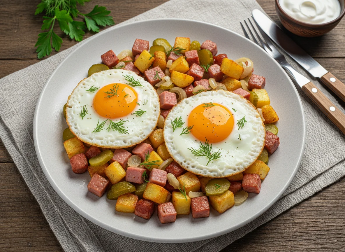 Яичница с овощами и мясом photo