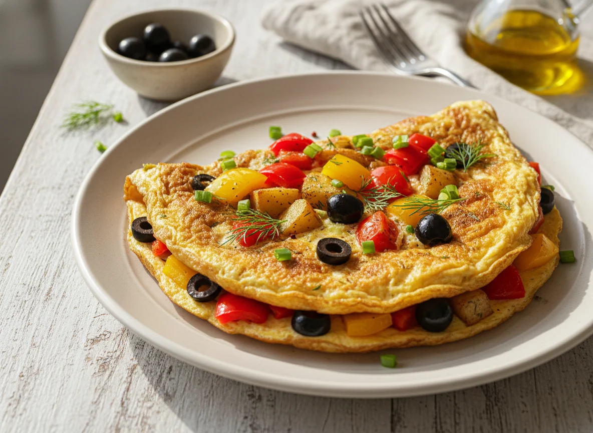 Яичница с овощами и оливками photo