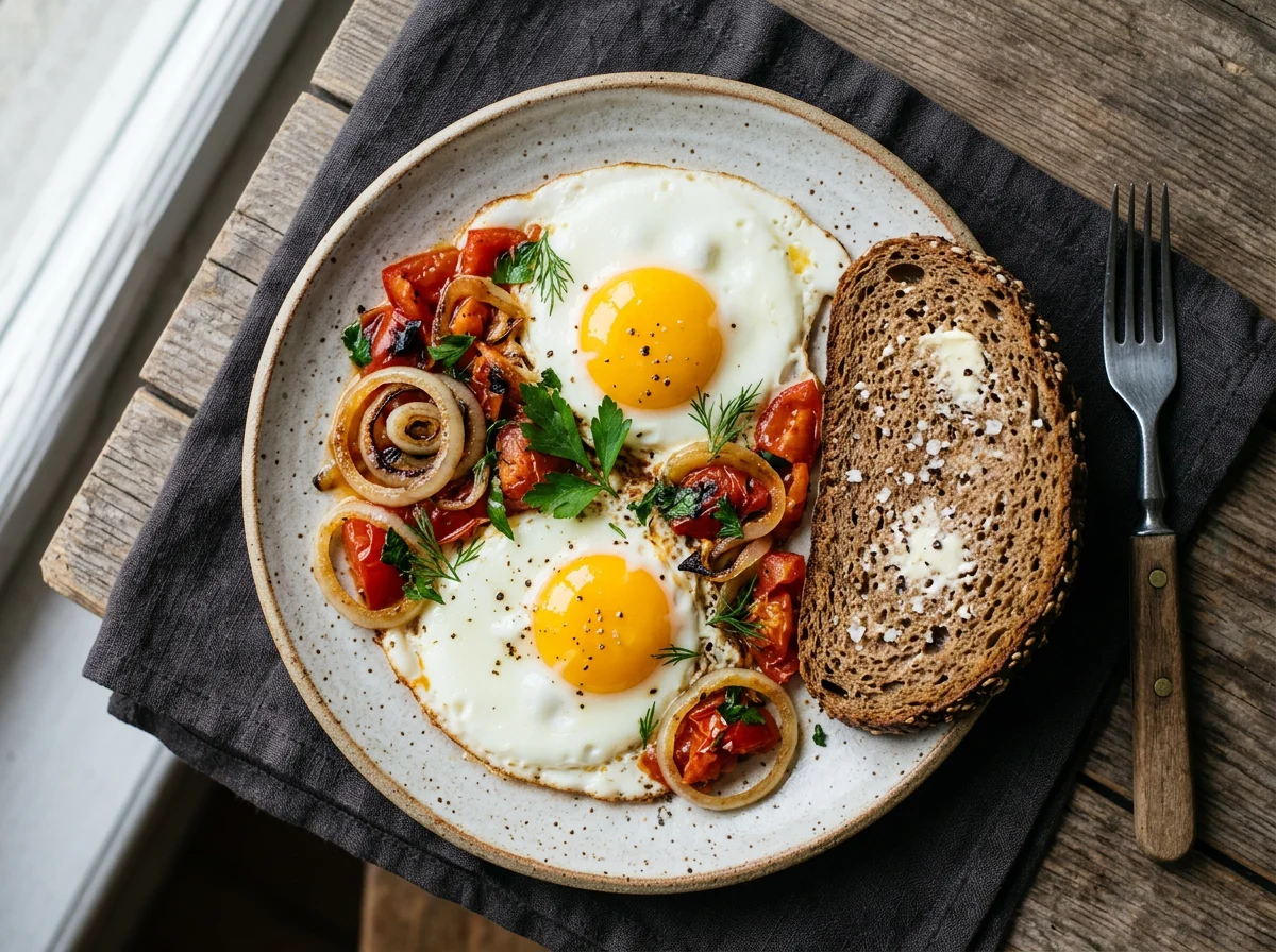 Яичница с овощами и ржаным хлебом photo