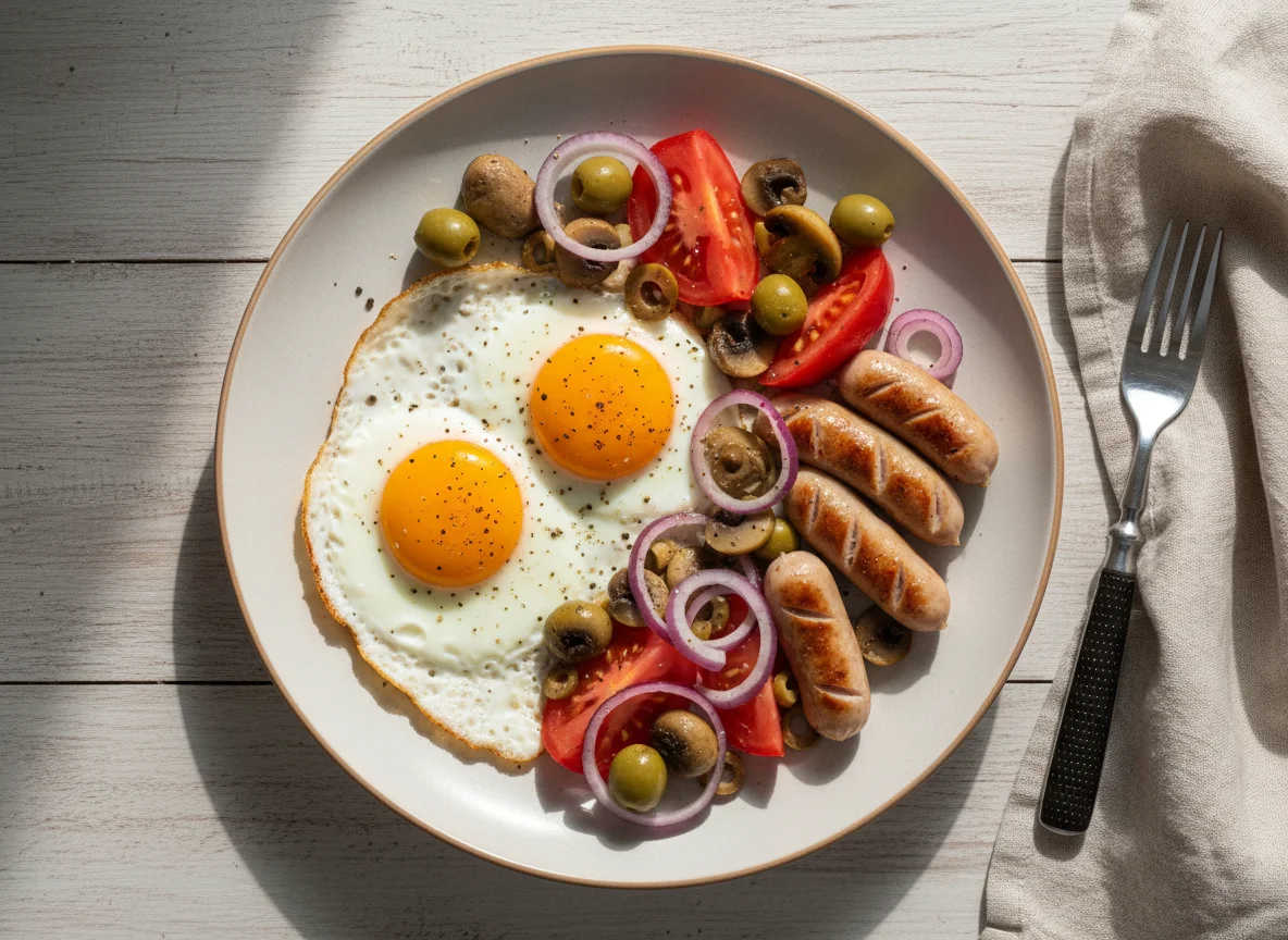 Яичница с овощами и сосисками photo