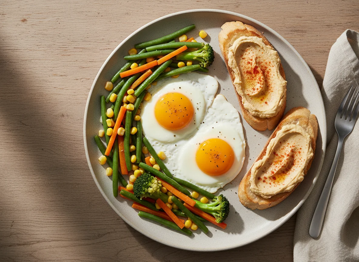 Яичница с овощами и тостами с хумусом photo