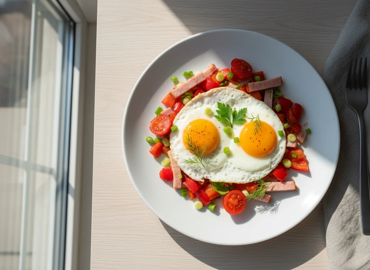 Яичница с овощами и ветчиной photo