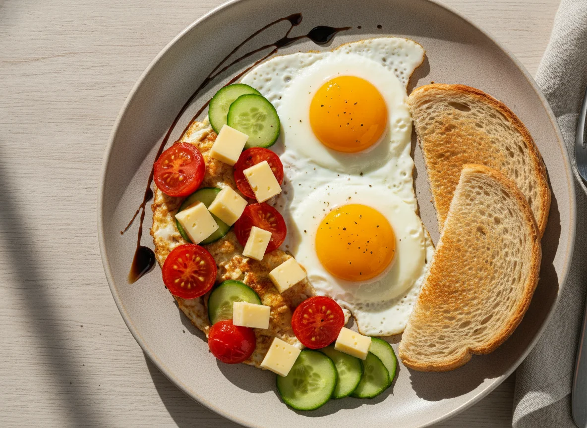 Яичница с овощами, сыром и хлебом photo