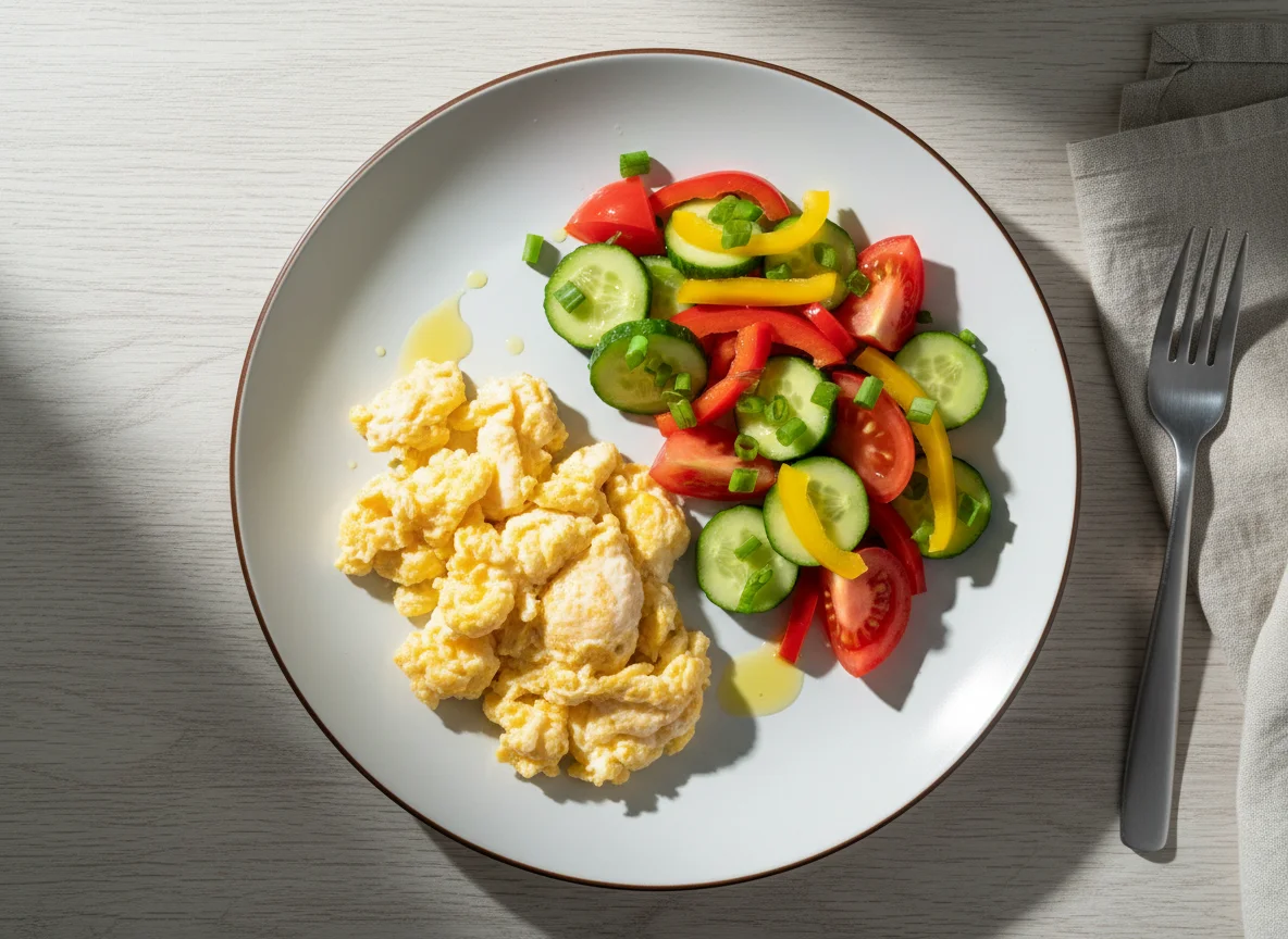 Яичница с овощным салатом photo