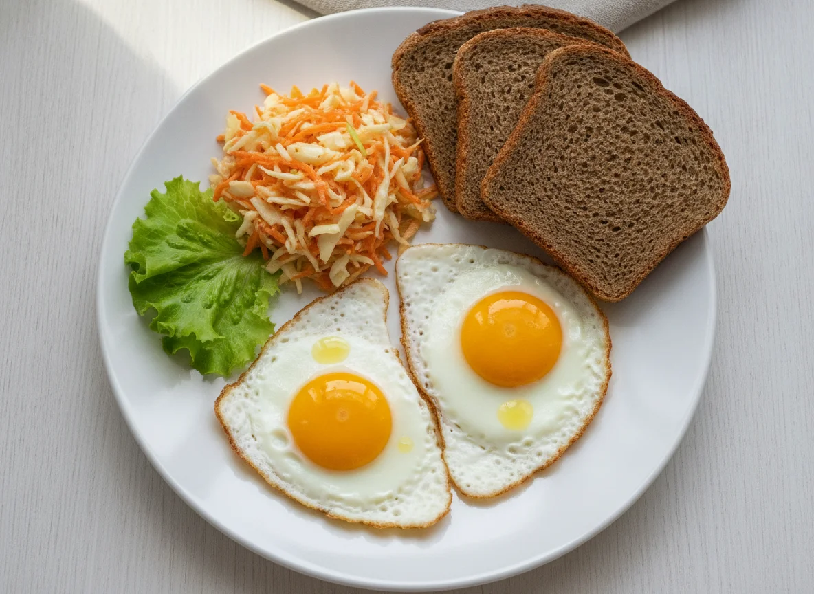Яичница с овощным салатом и ржаным хлебом photo