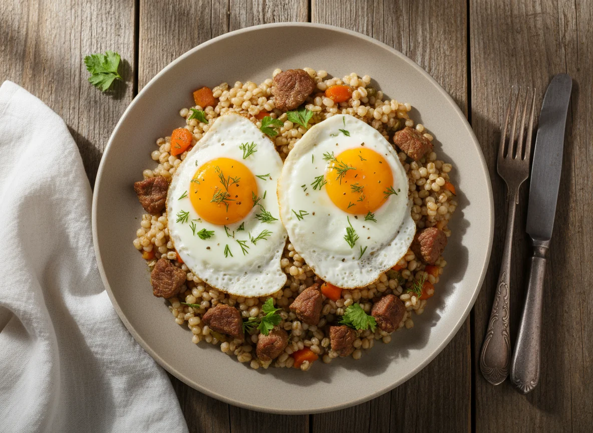 Яичница с перловкой и мясом photo