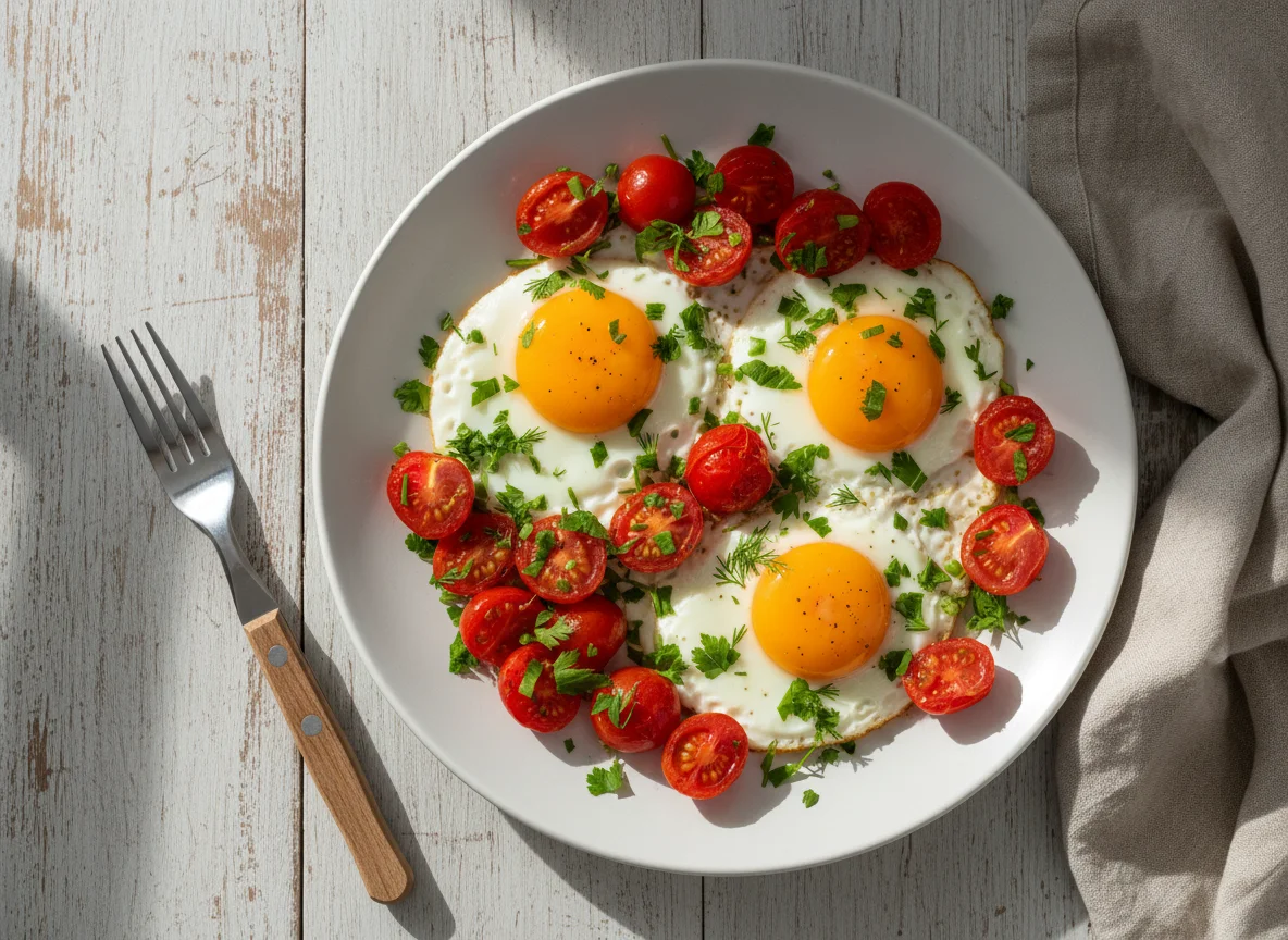 Яичница с помидорами черри и зеленью photo