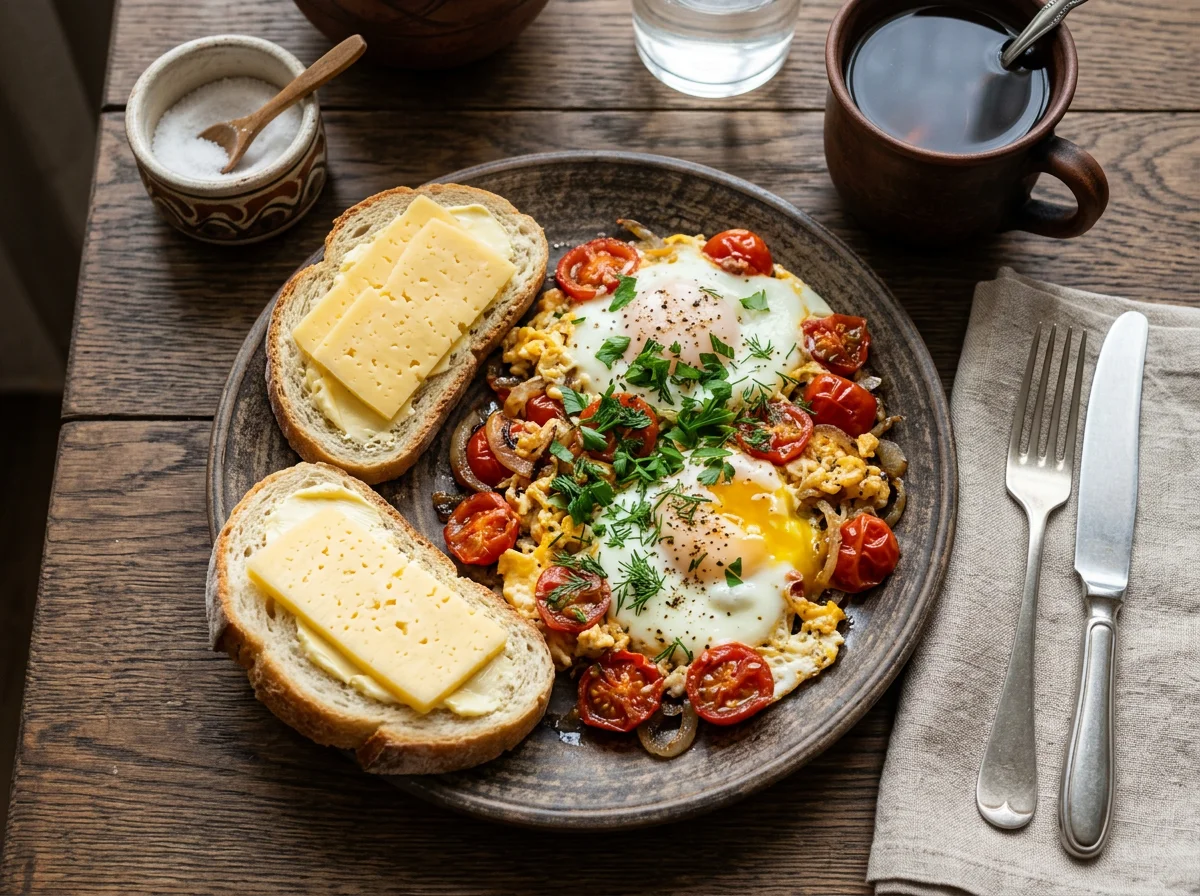 Яичница с помидорами и бутерброды photo