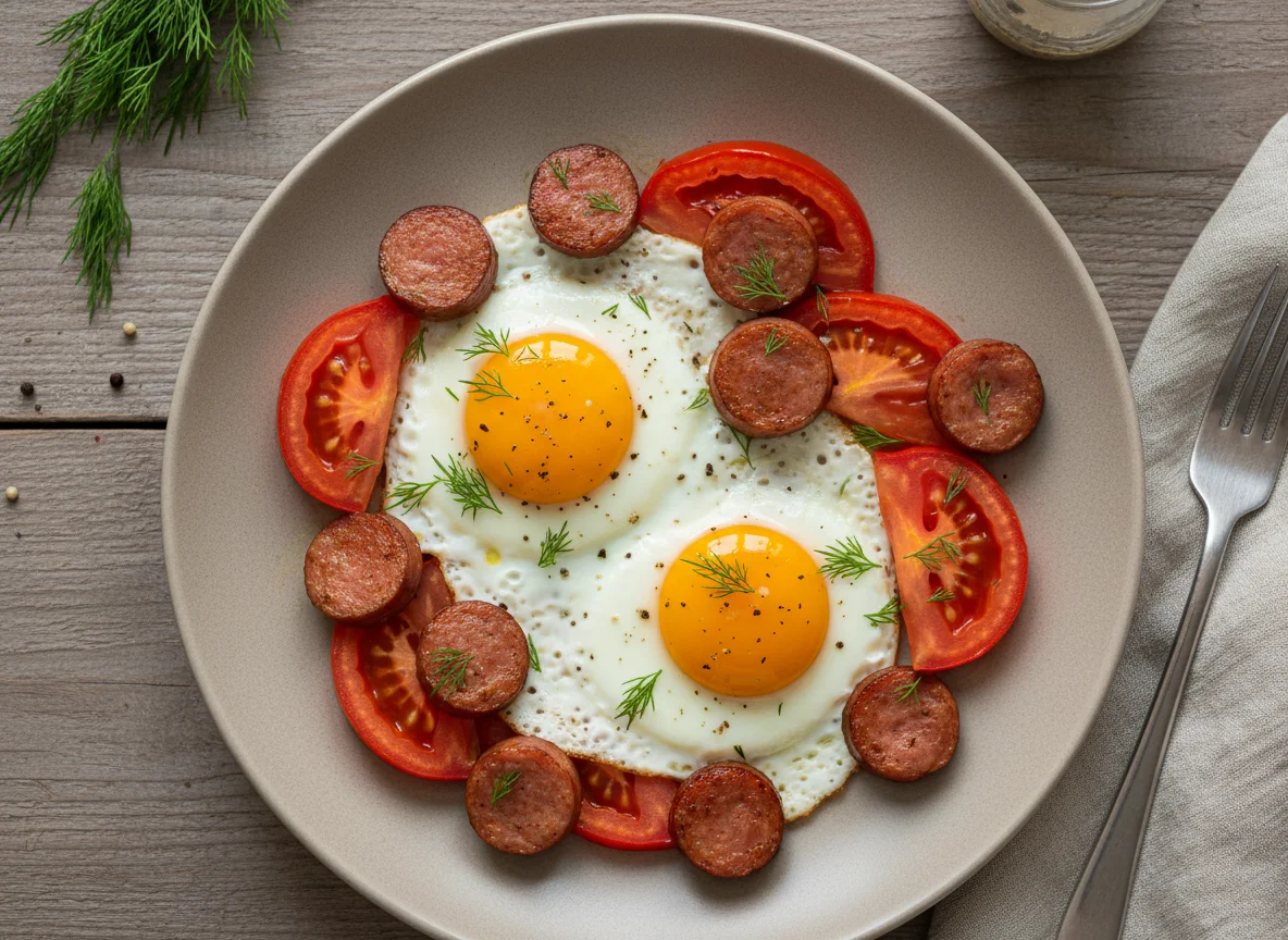 Яичница с помидорами и колбасой photo