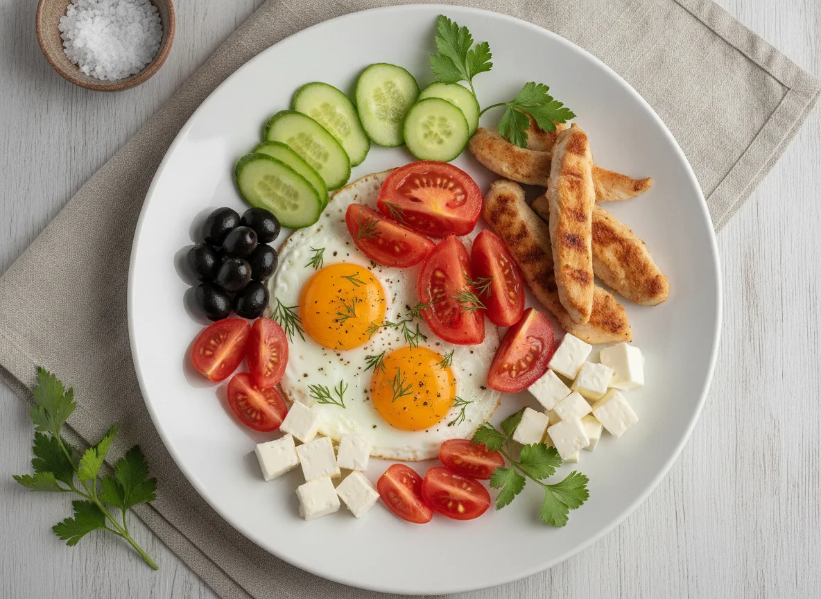 Яичница с помидорами и куриной грудкой photo