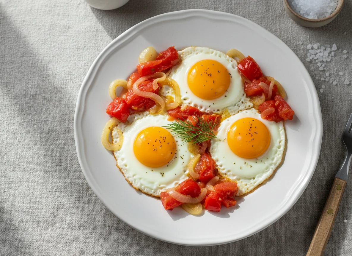 Яичница с помидорами и луком photo