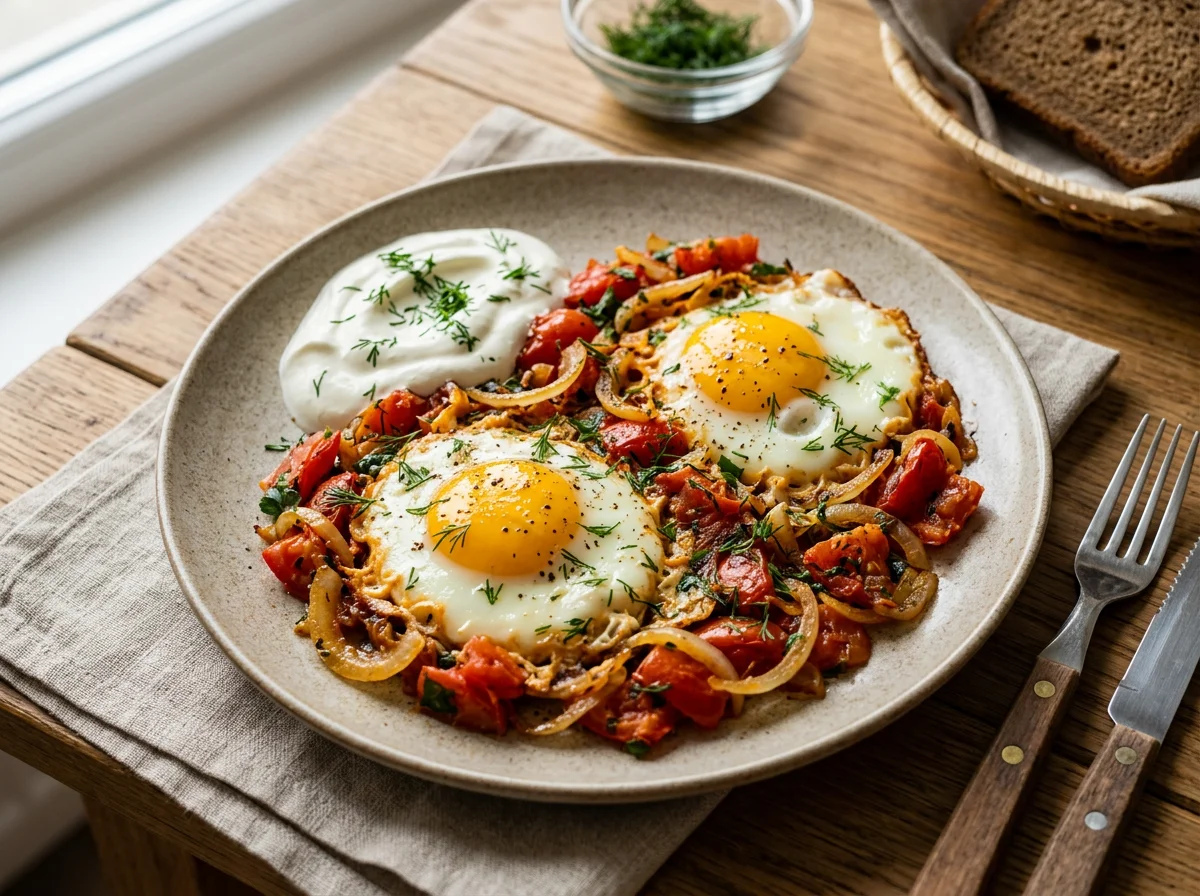 Яичница с помидорами и луком со сметаной photo
