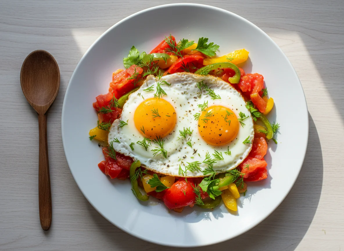 Яичница с помидорами и перцем photo