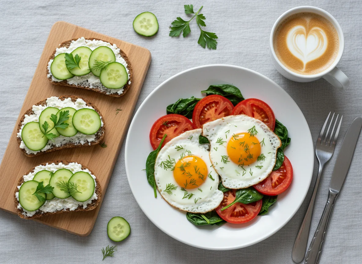 Яичница с помидорами и шпинатом, бутерброды с огурцом и кофе photo