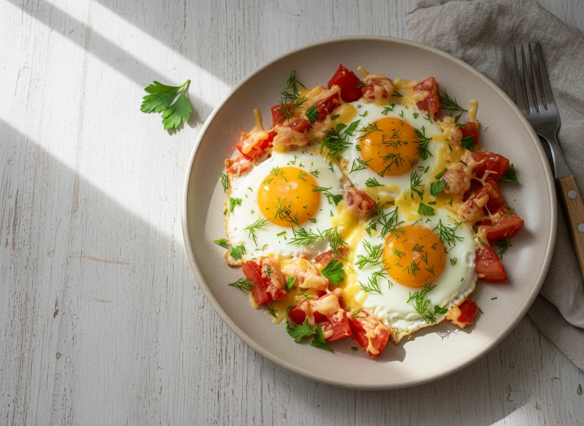 Яичница с помидорами и сыром photo