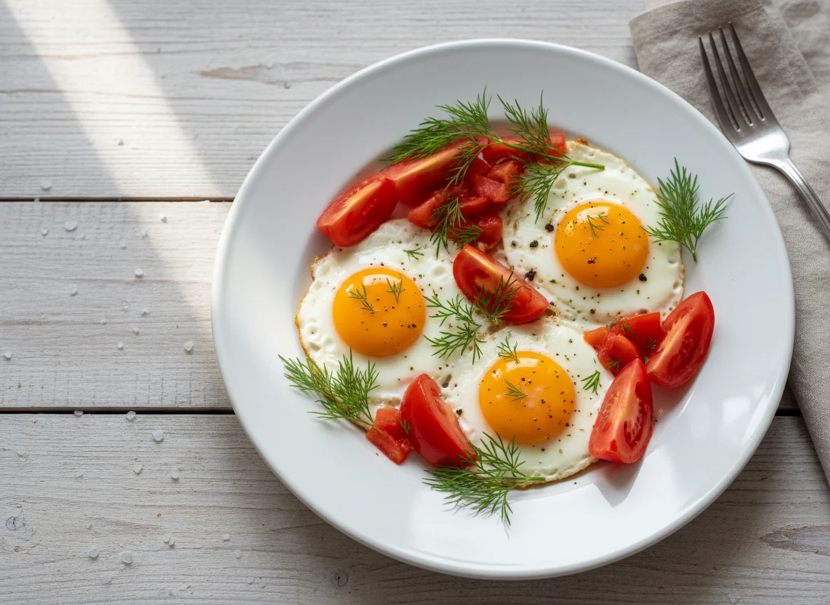 Яичница с помидорами и укропом photo