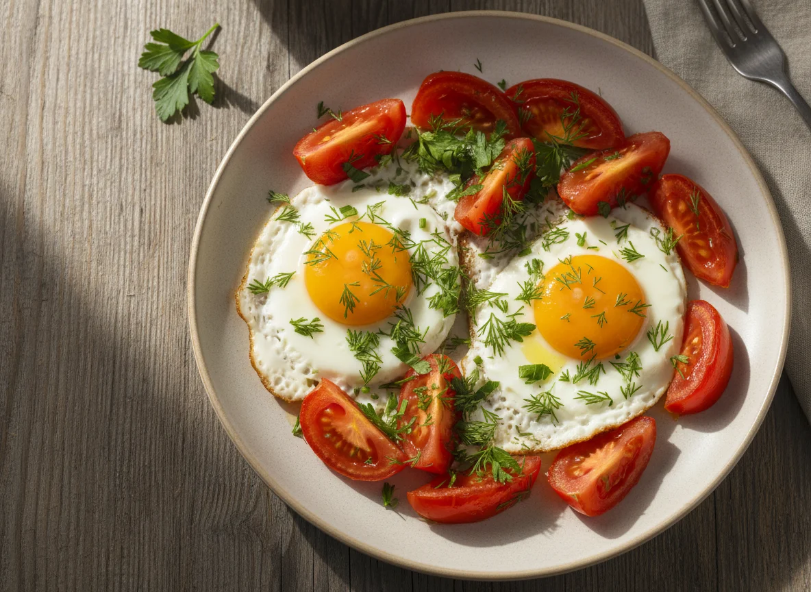 Яичница с помидорами и зеленью photo