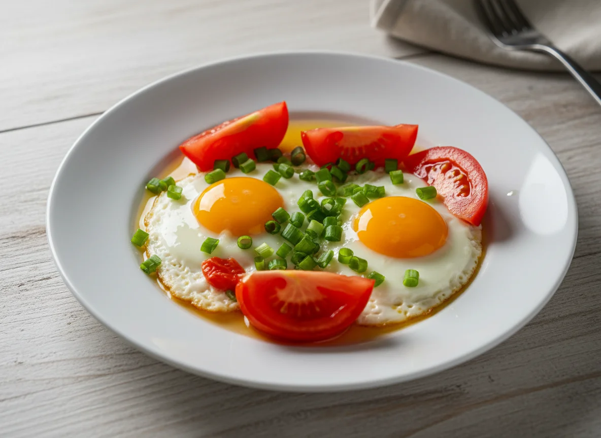 Яичница с помидорами и зеленым луком photo