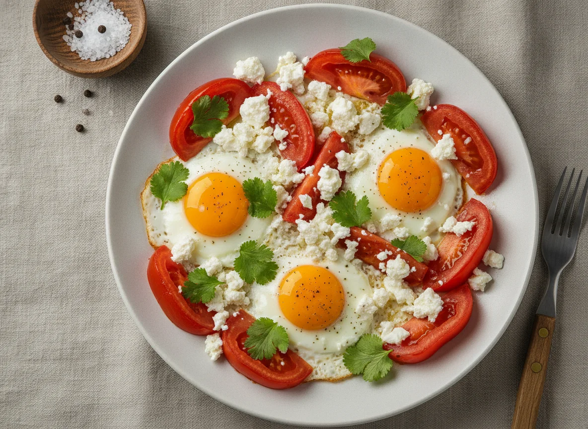 Яичница с помидорами, сыром и зеленью photo