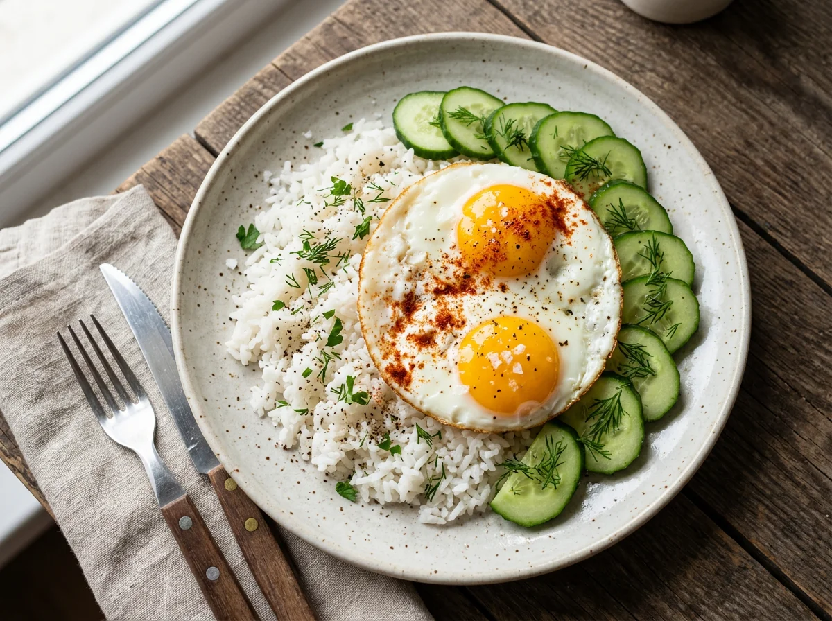 Яичница с рисом и огурцами photo