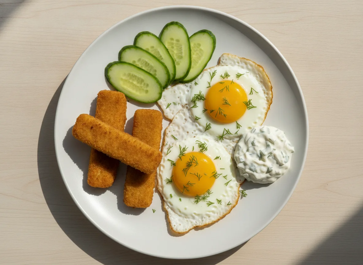 Яичница с рыбными палочками и огурцом photo