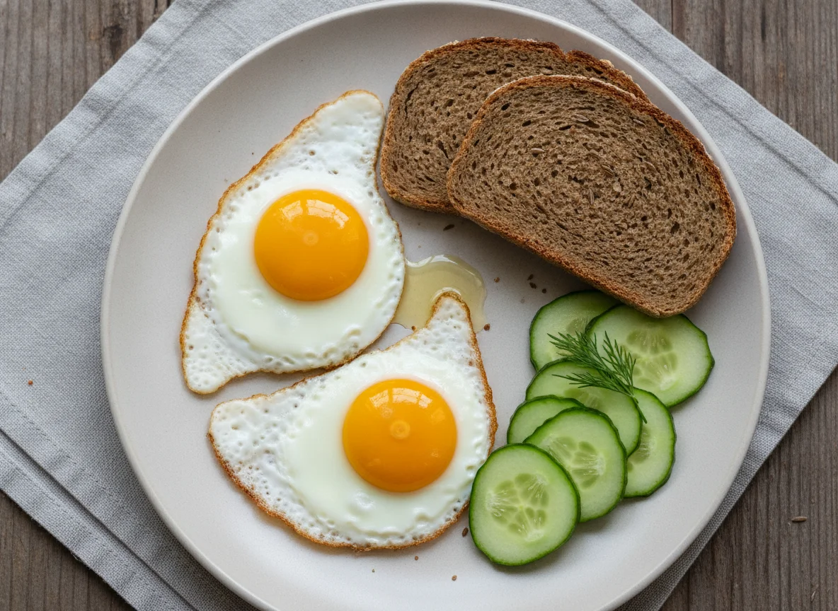 Яичница с ржаным хлебом и огурцом photo