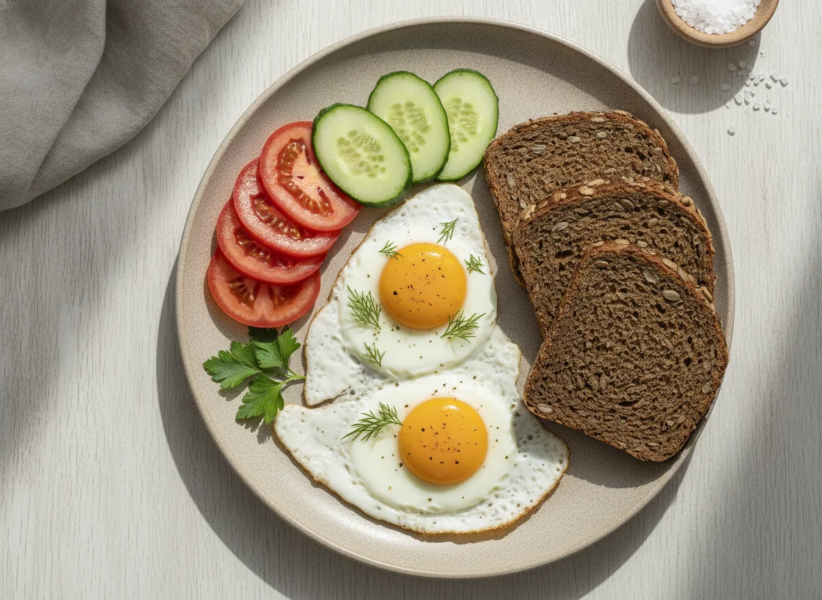 Яичница с ржаным хлебом и овощами photo