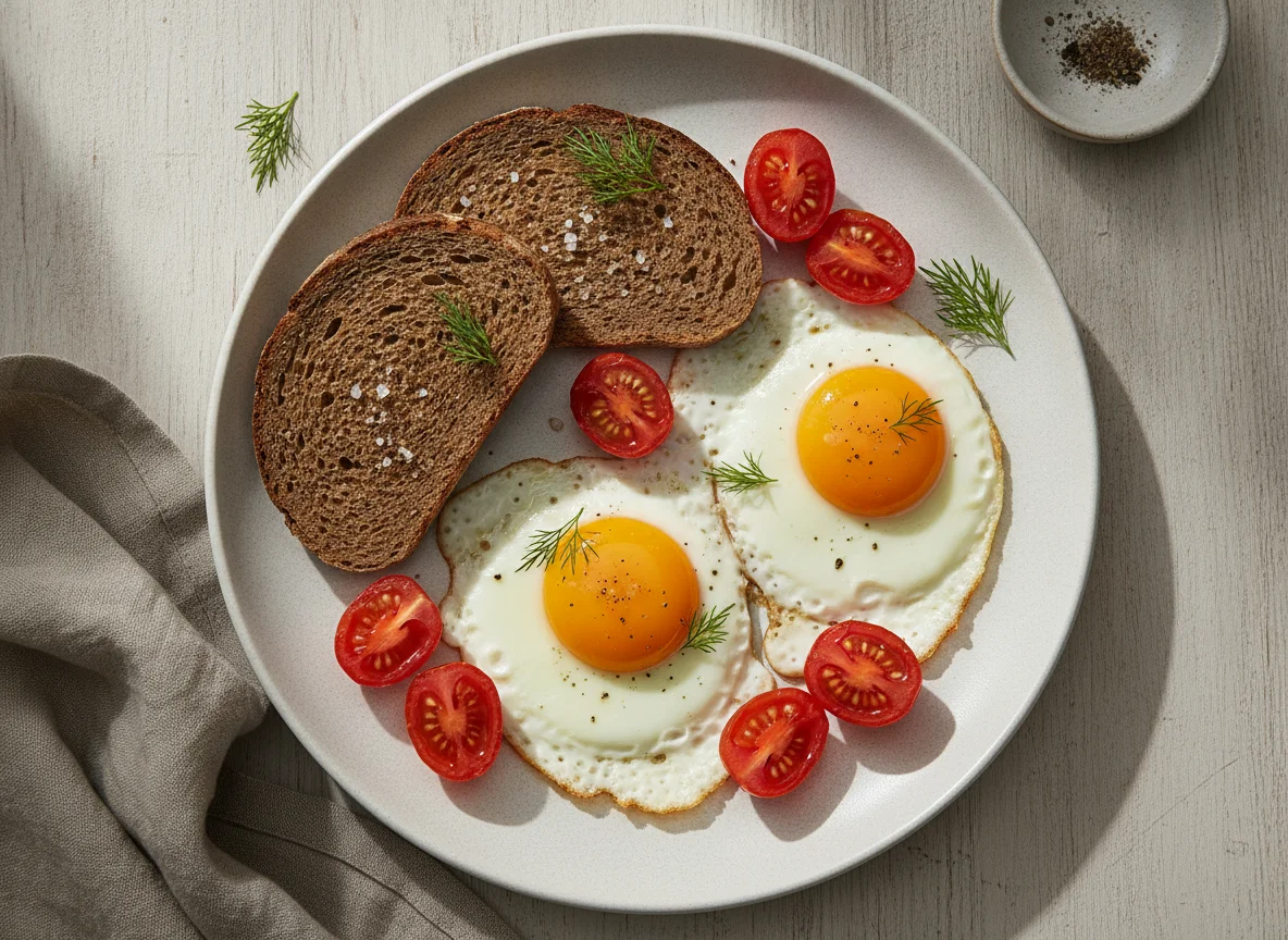 Яичница с ржаным хлебом и помидорами photo