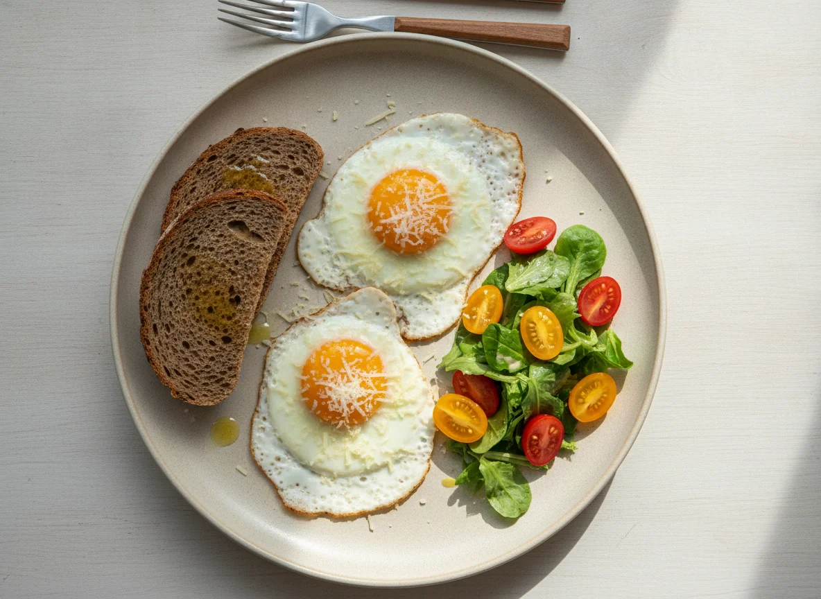 Яичница с ржаным хлебом и салатом photo