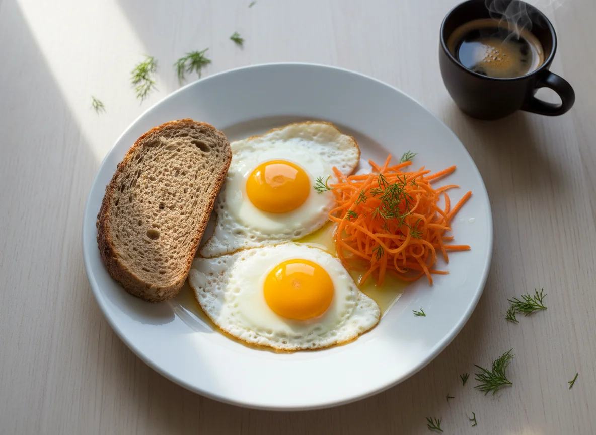 Яичница с ржаным хлебом, морковью и кофе photo