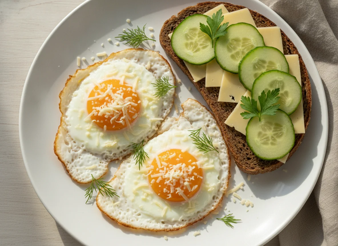 Яичница с ржаным хлебом, сыром и огурцом photo