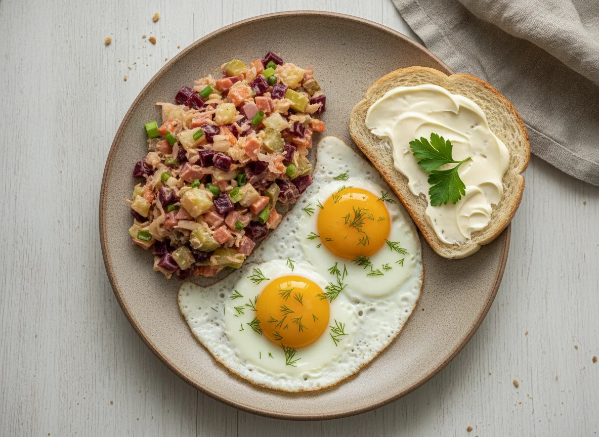 Яичница с салатом и бутербродом photo