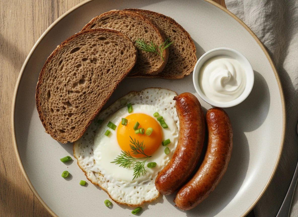 Яичница с сосисками и хлебом photo