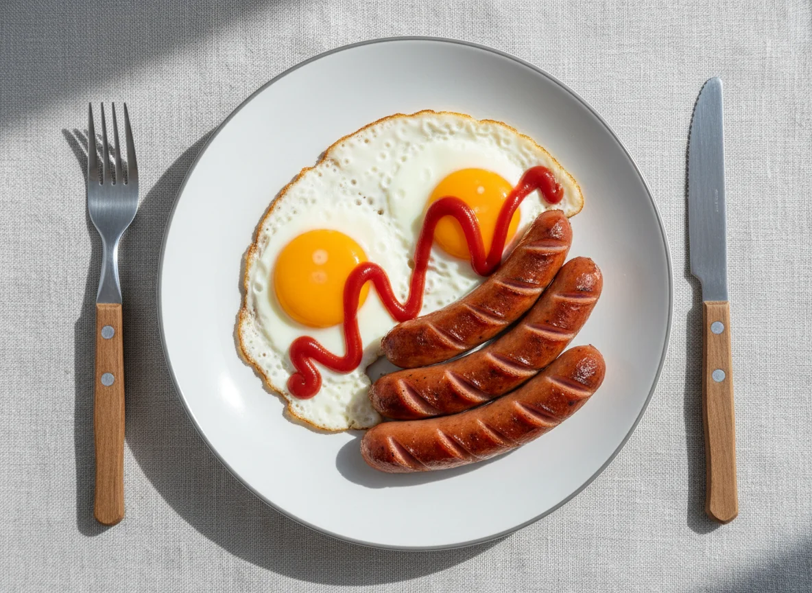 Яичница с сосисками и кетчупом photo