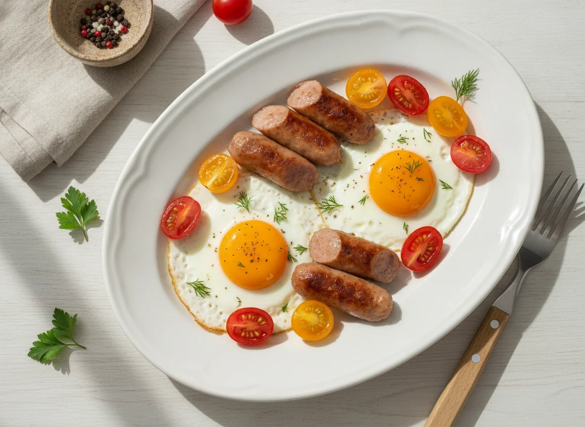 Яичница с сосисками и помидорами черри photo