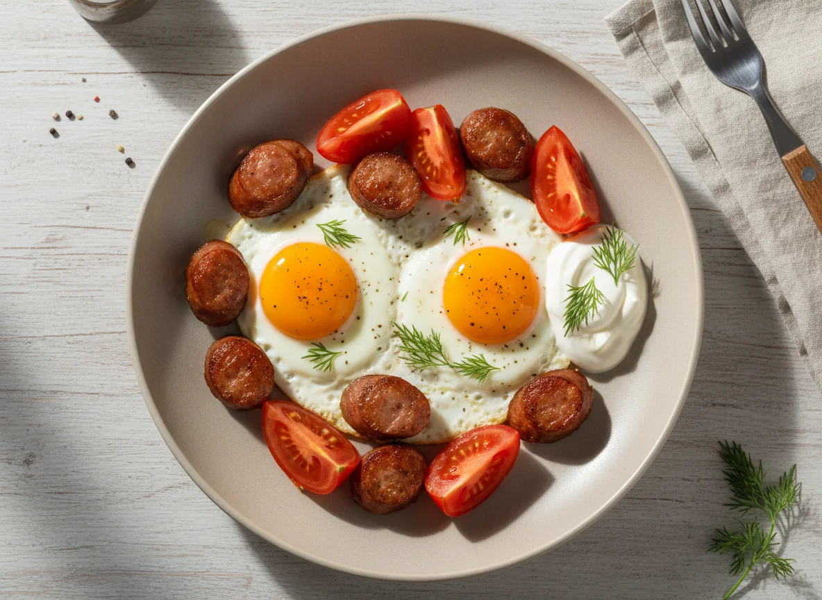 Яичница с сосисками и помидорами photo