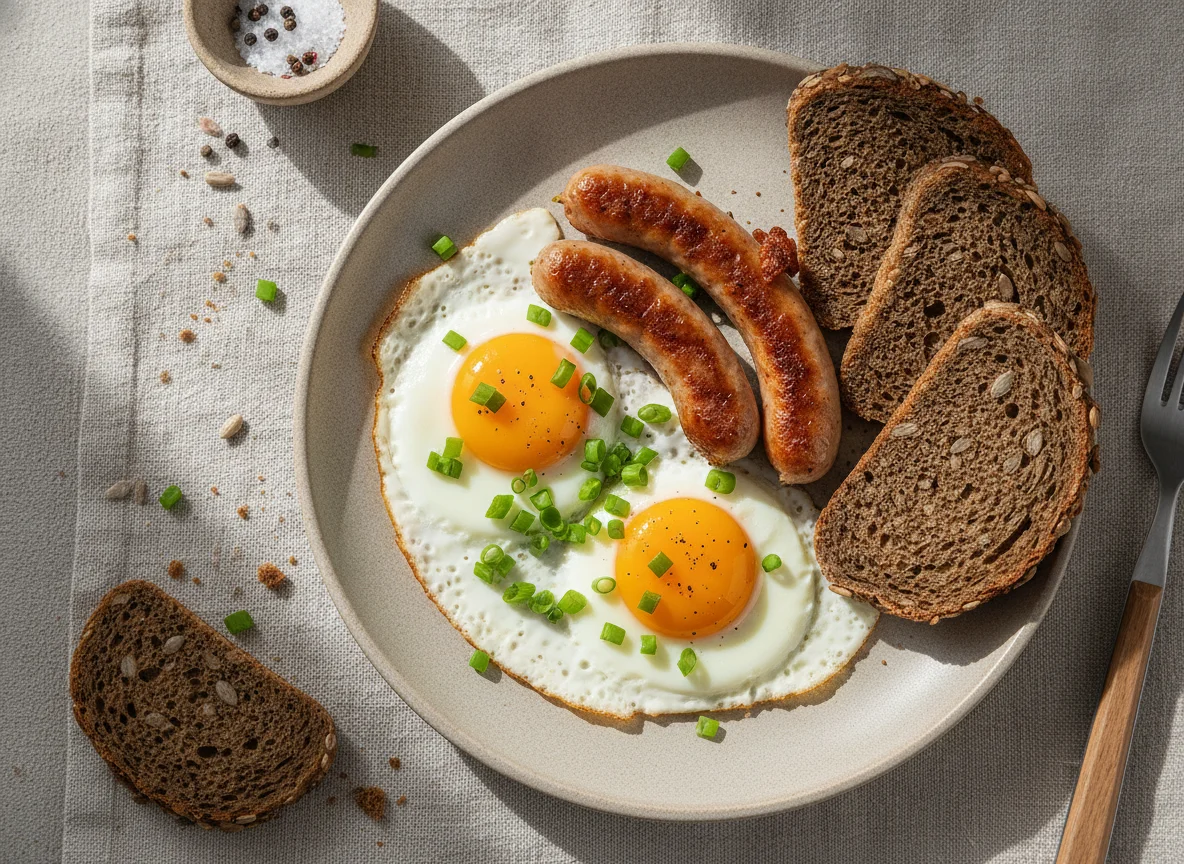 Яичница с сосисками и ржаным хлебом photo