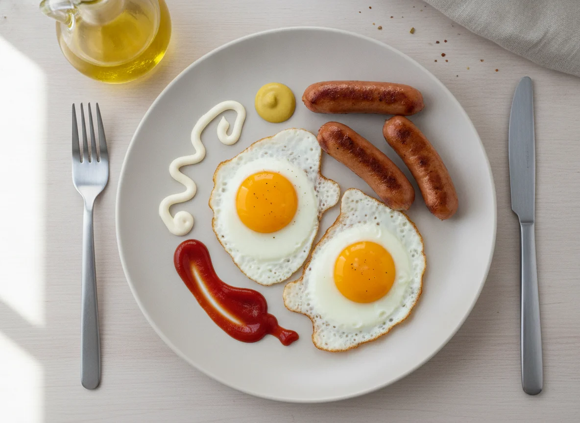 Яичница с сосисками и соусами photo