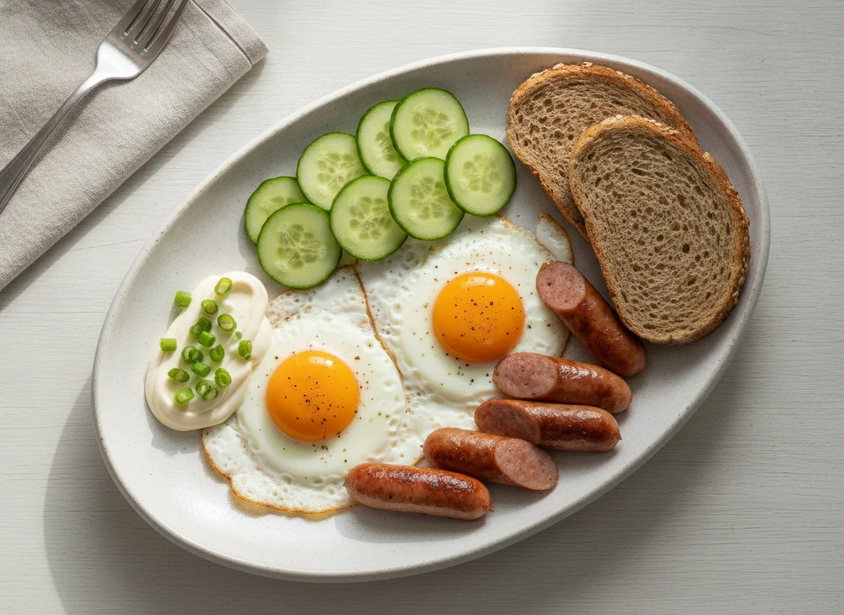 Яичница с сосисками, огурцом и хлебом photo