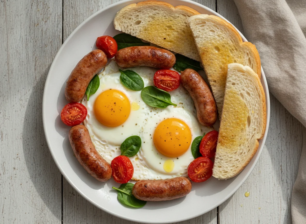 Яичница с сосисками, помидорами и хлебом photo