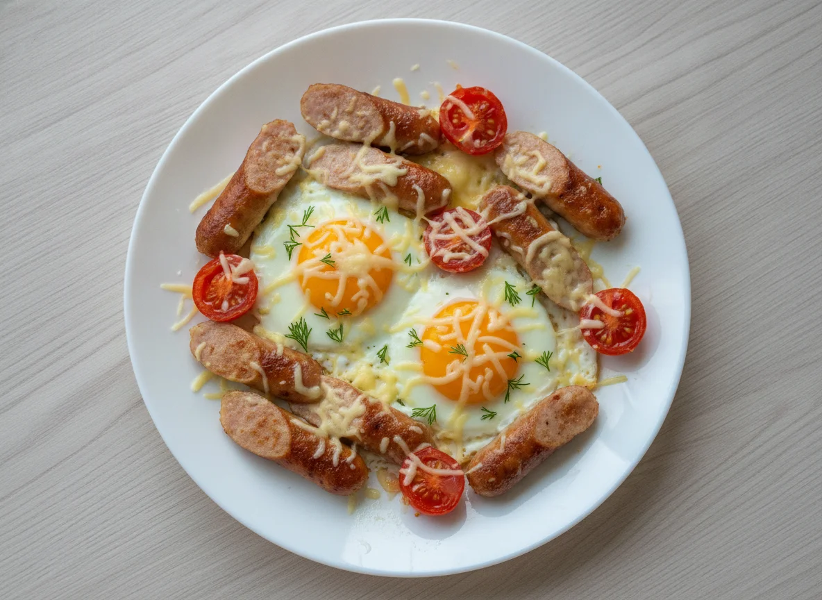 Яичница с сосисками, помидорами и сыром photo