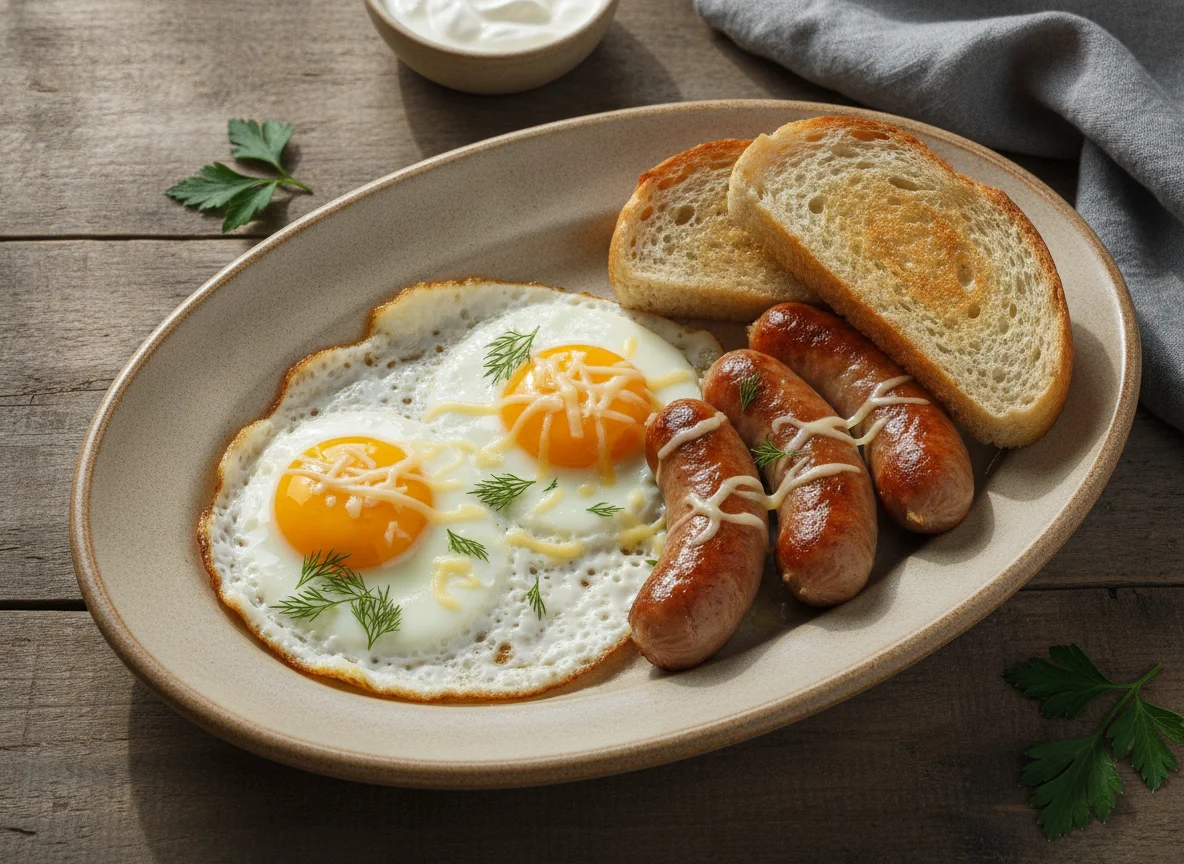 Яичница с сосисками, сыром и хлебом photo