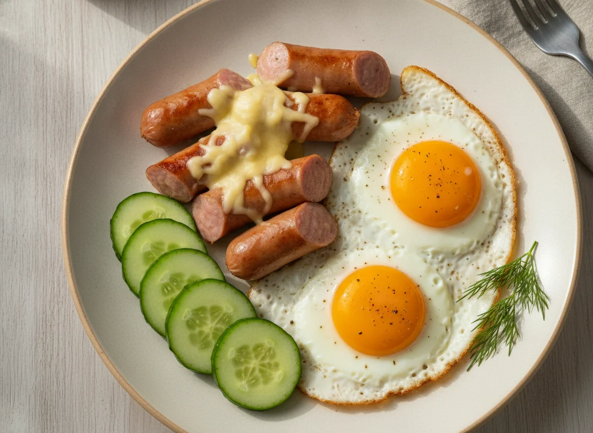 Яичница с сосисками, сыром и огурцом photo