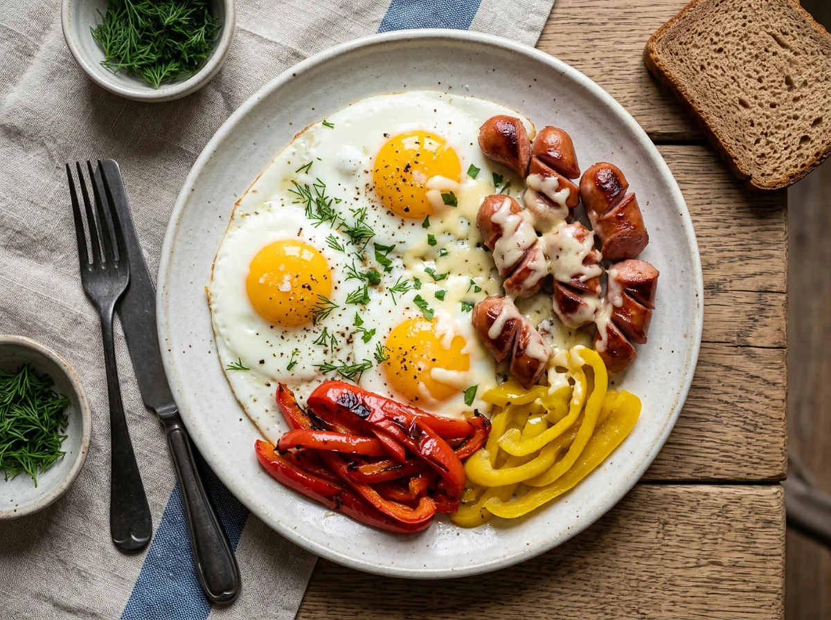 Яичница с сосисками, сыром и овощами photo