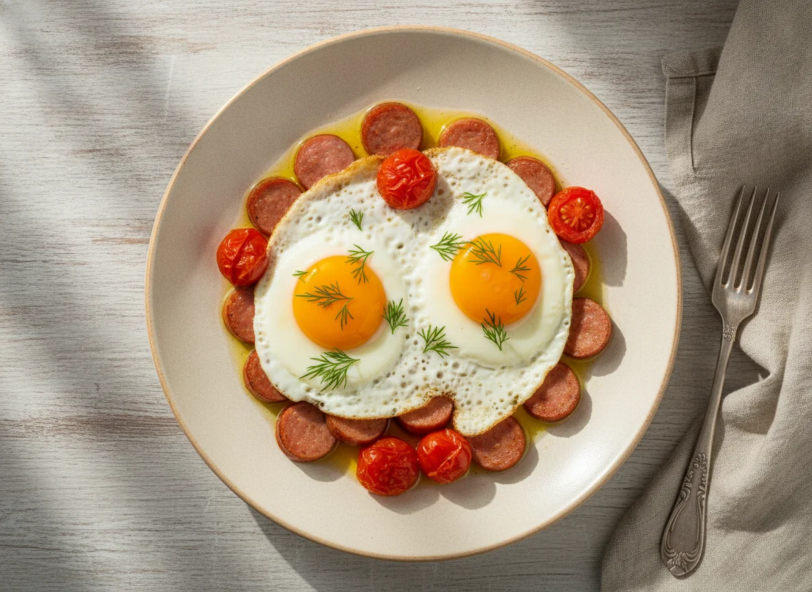 Яичница с сосиской и помидорами photo