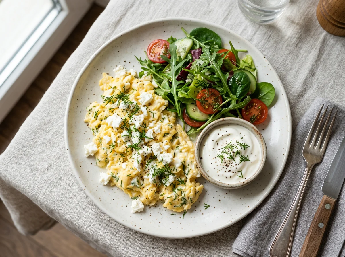 Яичница с сыром фета, салатом и сметаной photo