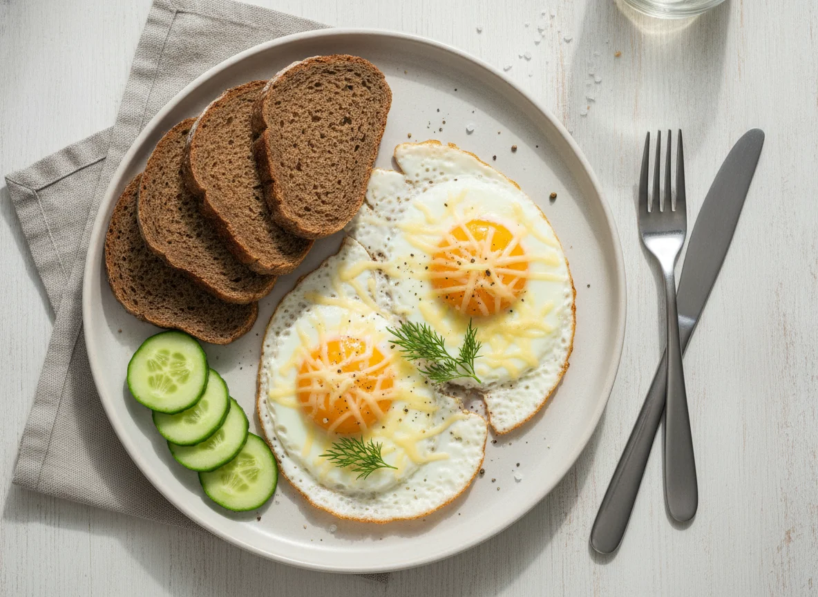 Яичница с сыром, хлебом и огурцом photo