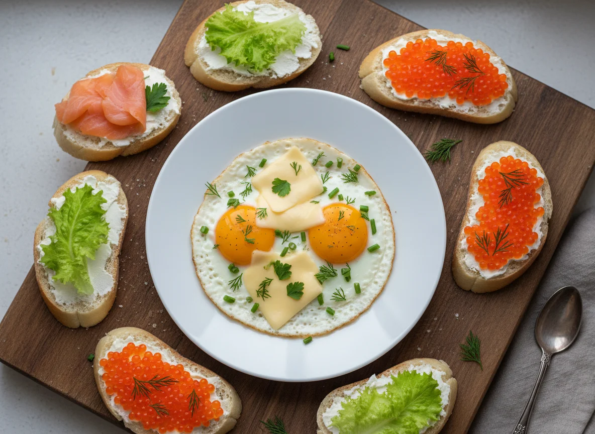 Яичница с сыром и бутерброды с лососем и икрой photo