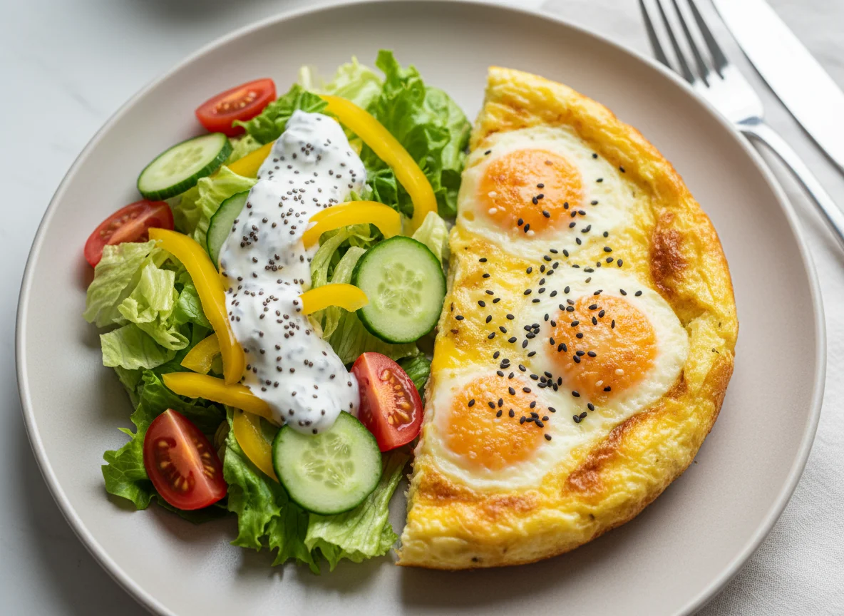 Яичница с сыром и овощной салат photo