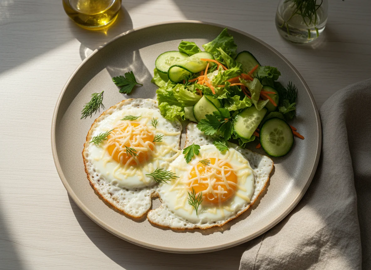 Яичница с сыром и овощным салатом photo